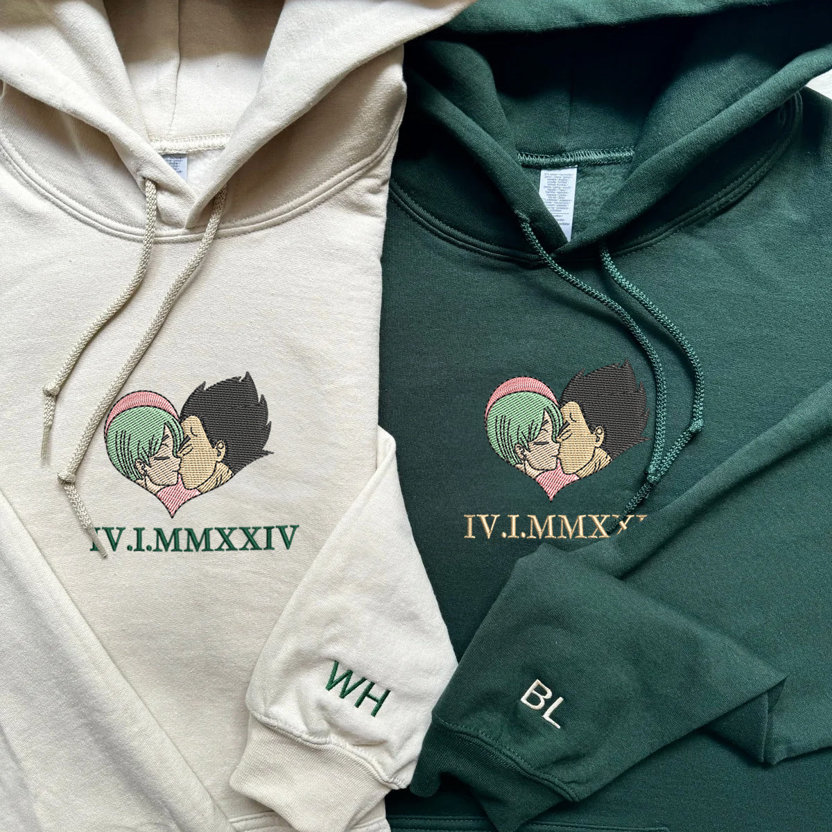 Custom Matching Couple Hoodies with Roman Numeral Date Embroidery, Cute Cartoon Love Design