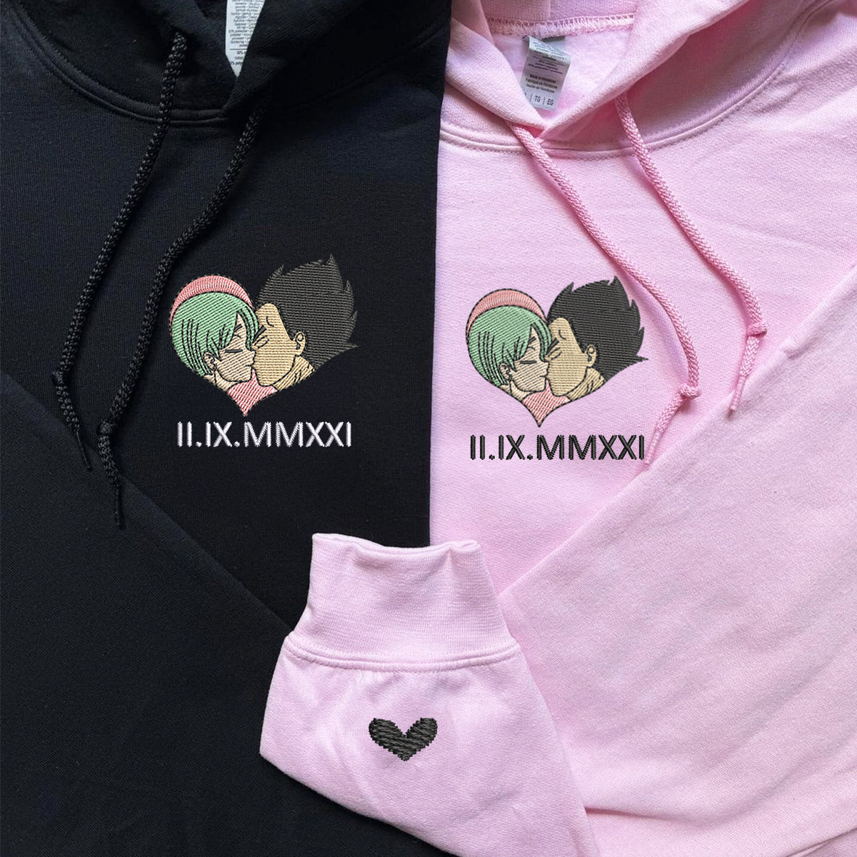 Custom Matching Couple Hoodies with Roman Numeral Date Embroidery, Cute Cartoon Love Design