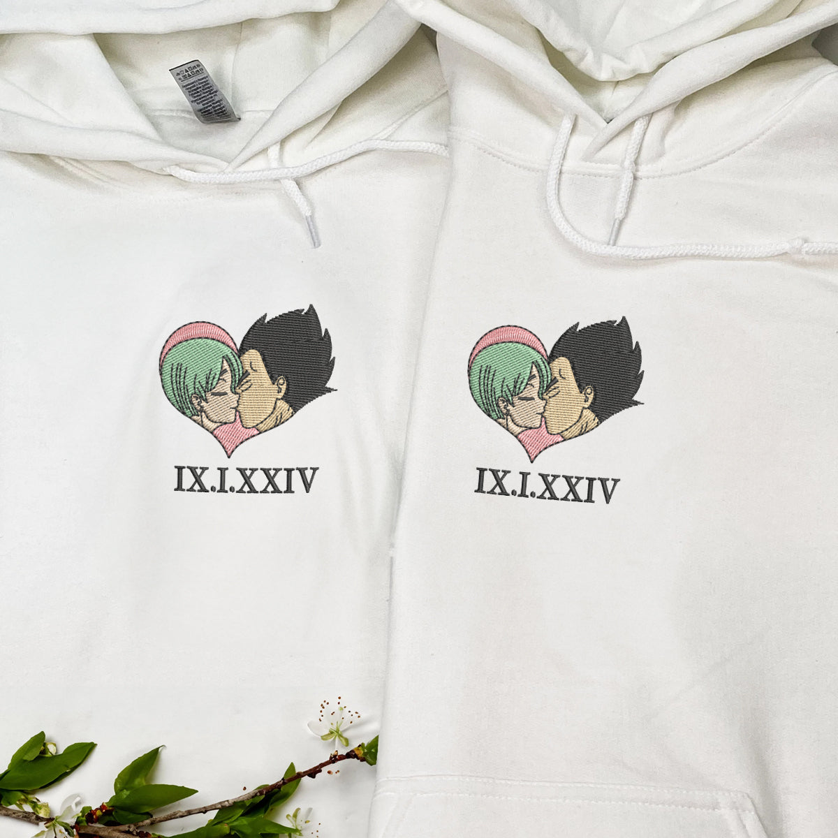 Custom Matching Couple Hoodies with Roman Numeral Date Embroidery, Cute Cartoon Love Design