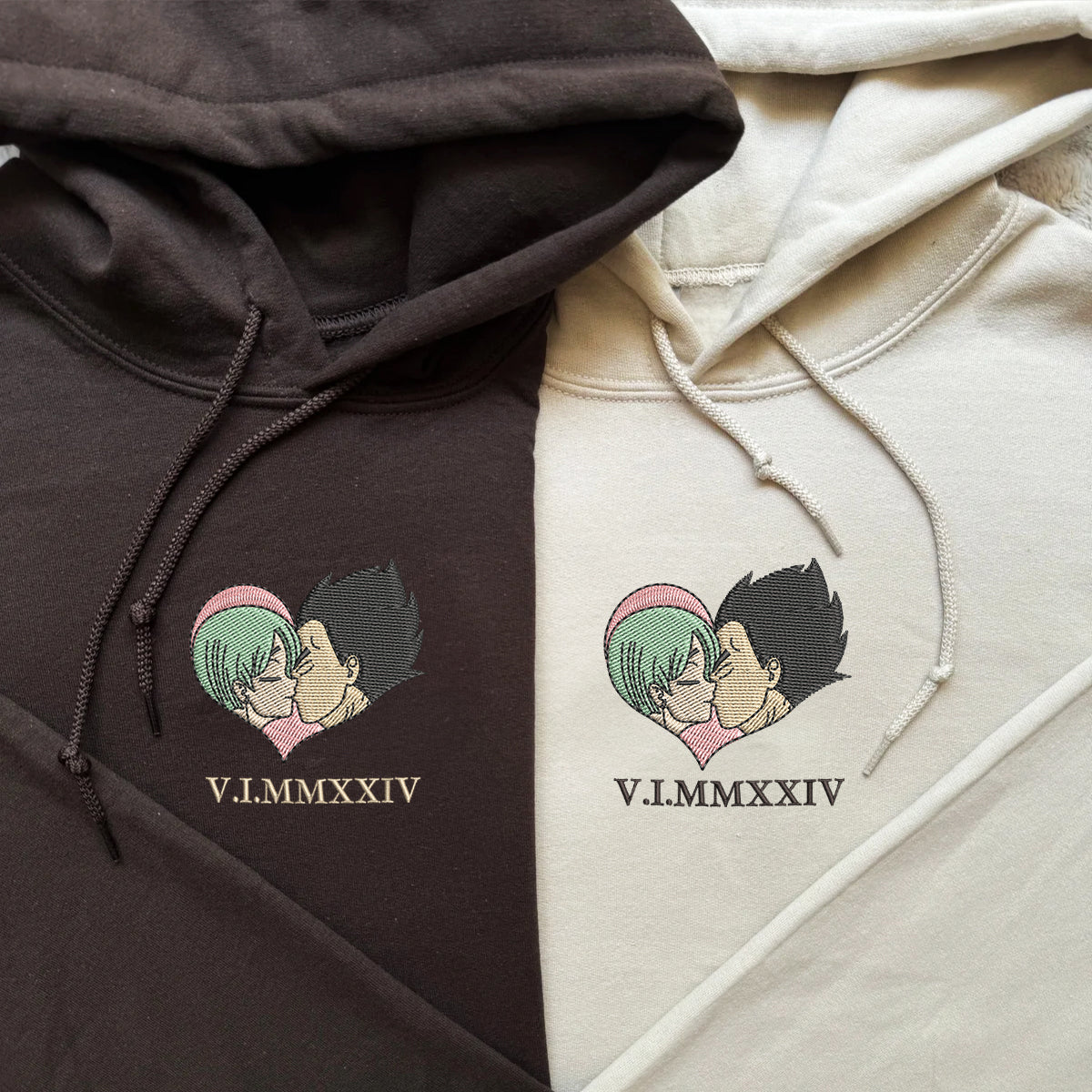 Custom Matching Couple Hoodies with Roman Numeral Date Embroidery, Cute Cartoon Love Design