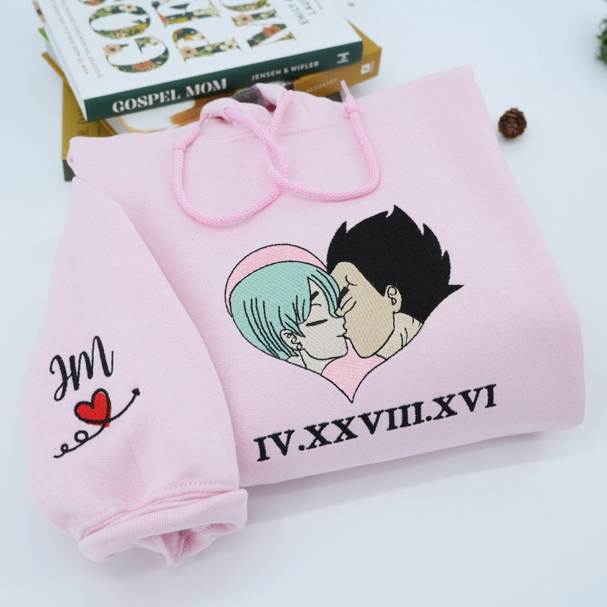 Custom Matching Couple Hoodies with Roman Numeral Date Embroidery, Cute Cartoon Love Design
