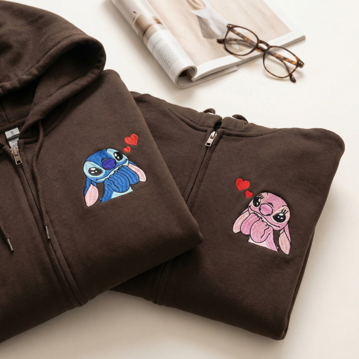 Custom Matching Couple Quarter Zip Sweatshirts - Cute Cartoon Lovers Embroidered Full-Zip Hoodie