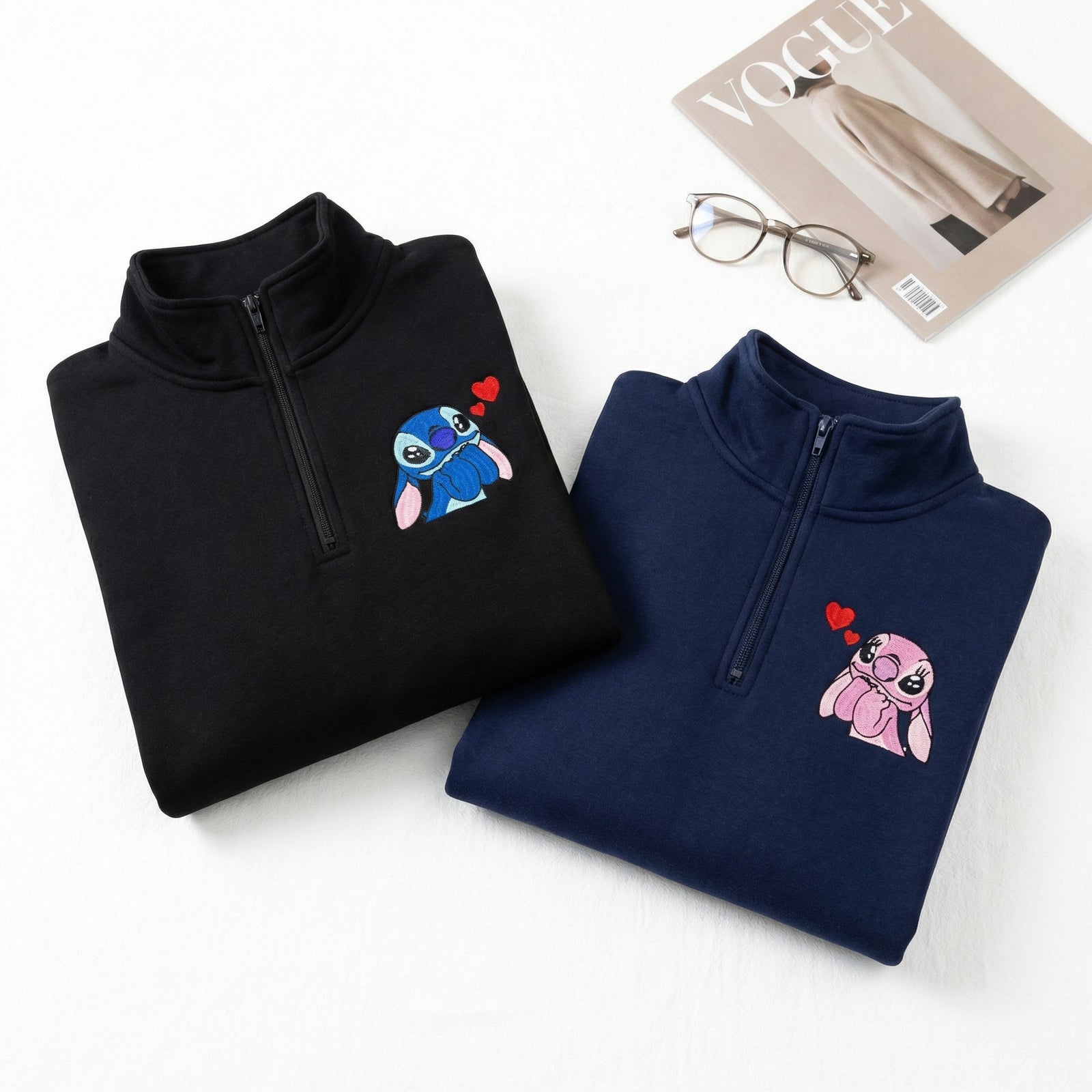 Custom Matching Couple Quarter Zip Sweatshirts - Cute Cartoon Lovers Embroidered Full-Zip Hoodie