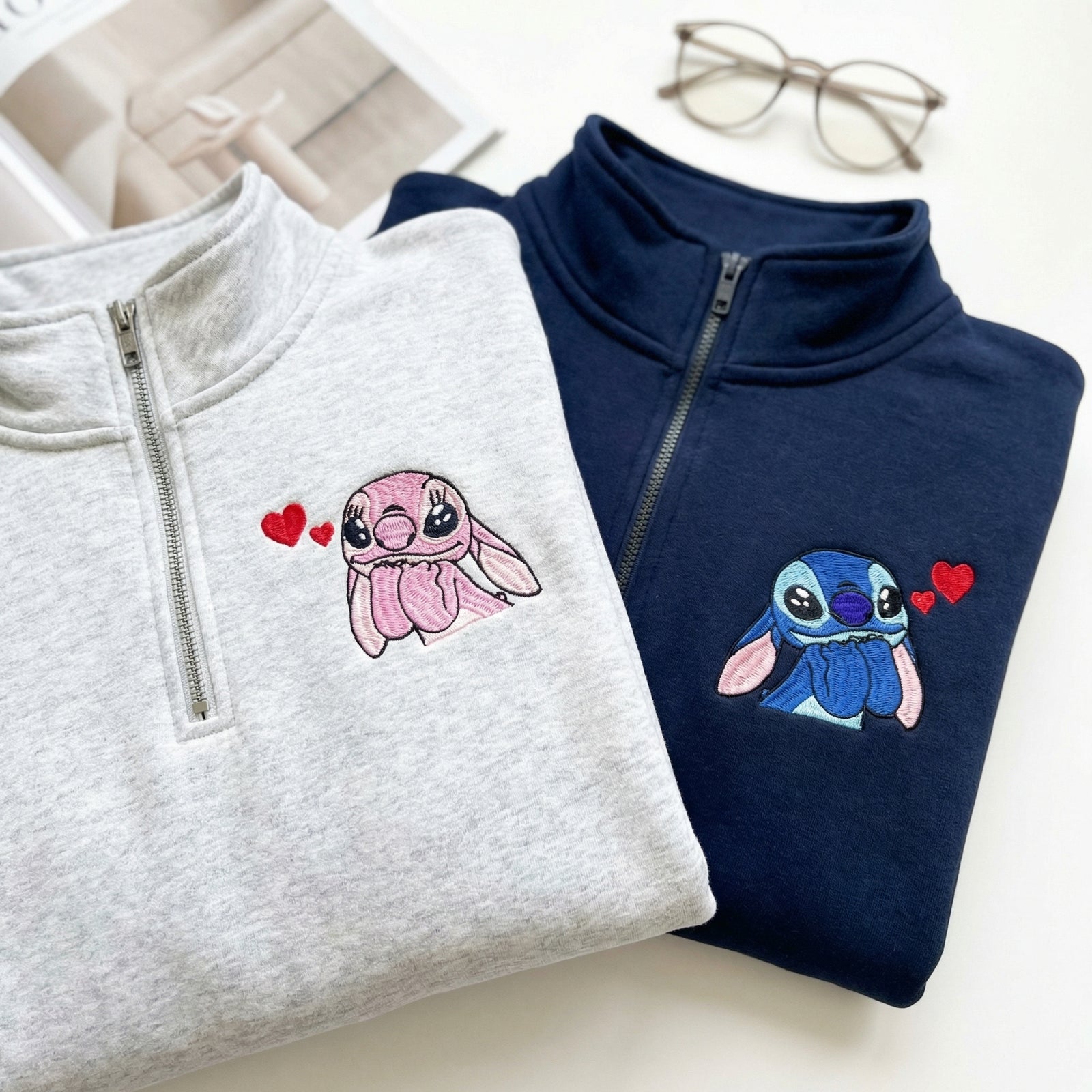 Custom Matching Couple Quarter Zip Sweatshirts - Cute Cartoon Lovers Embroidered Full-Zip Hoodie