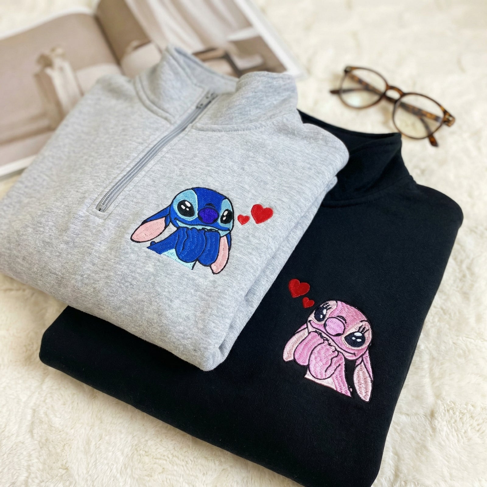 Custom Matching Couple Quarter Zip Sweatshirts - Cute Cartoon Lovers Embroidered Full-Zip Hoodie