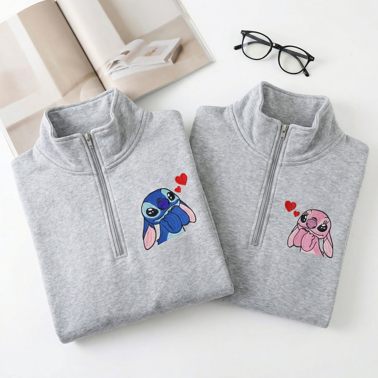 Custom Matching Couple Quarter Zip Sweatshirts - Cute Cartoon Lovers Embroidered Full-Zip Hoodie