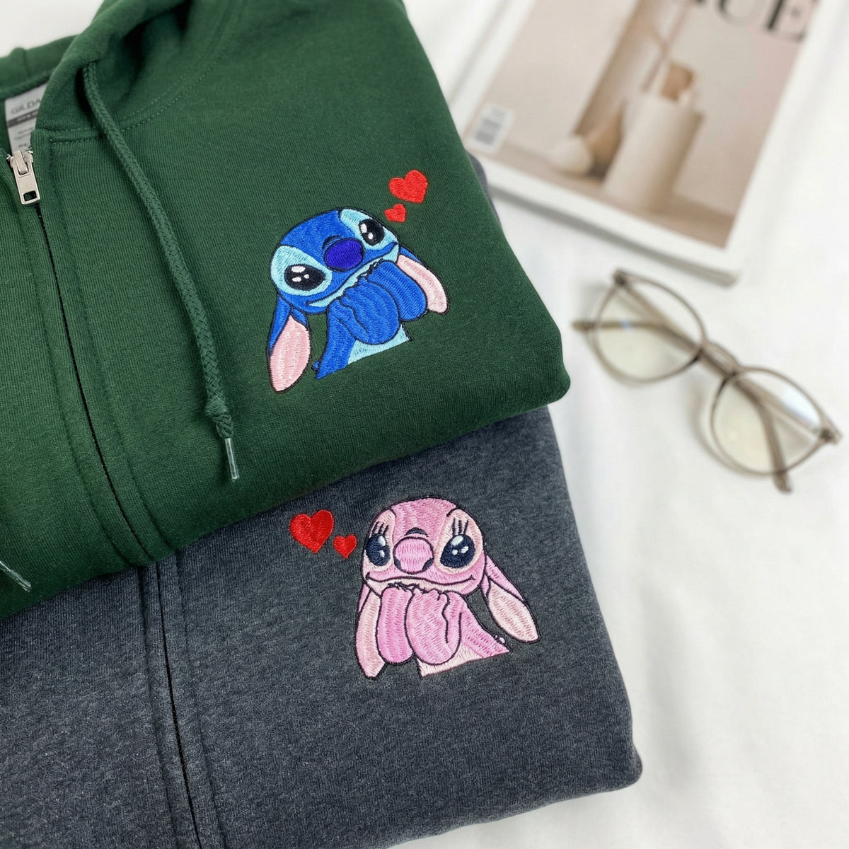 Custom Matching Couple Quarter Zip Sweatshirts - Cute Cartoon Lovers Embroidered Full-Zip Hoodie