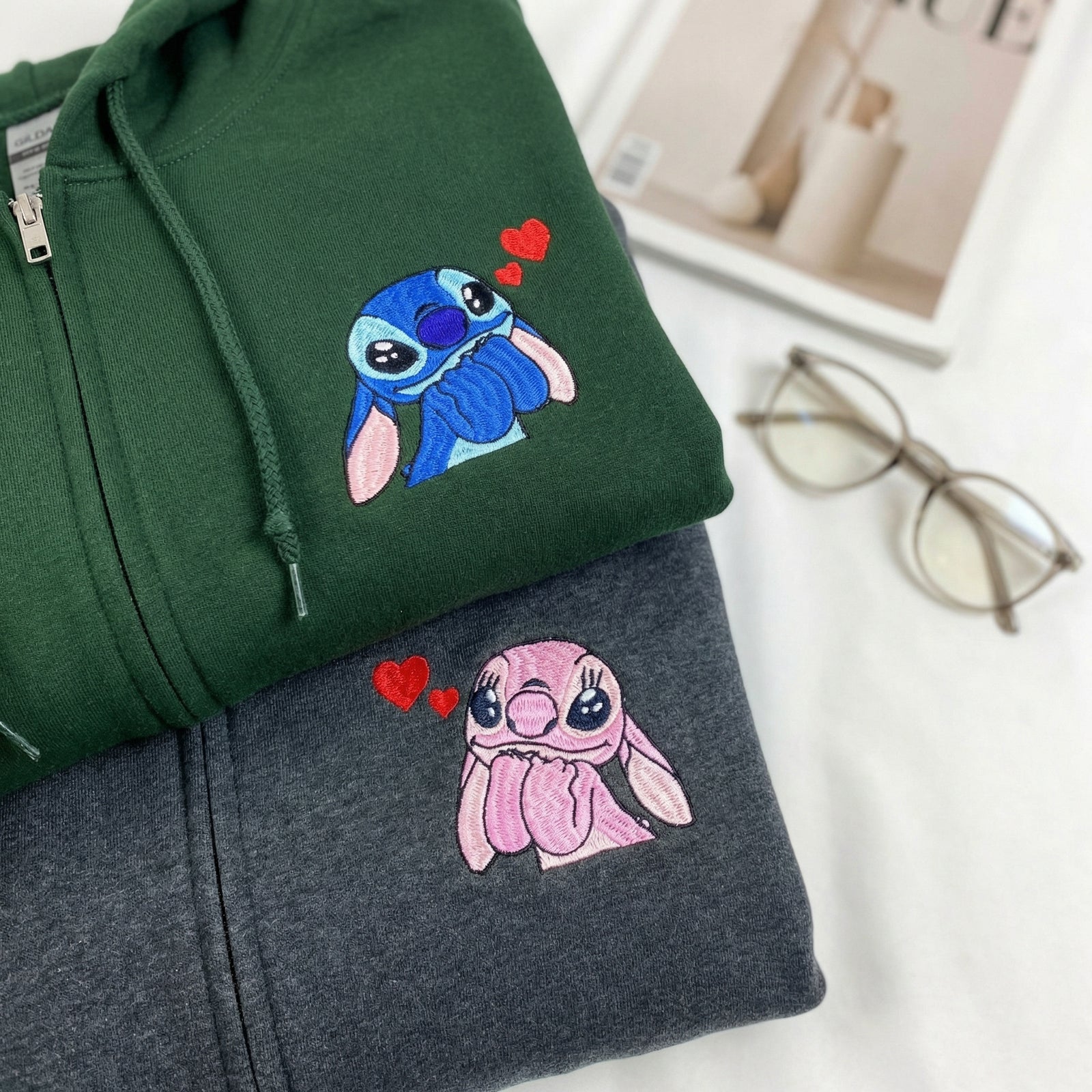 Custom Matching Couple Quarter Zip Sweatshirts - Cute Cartoon Lovers Embroidered Full-Zip Hoodie