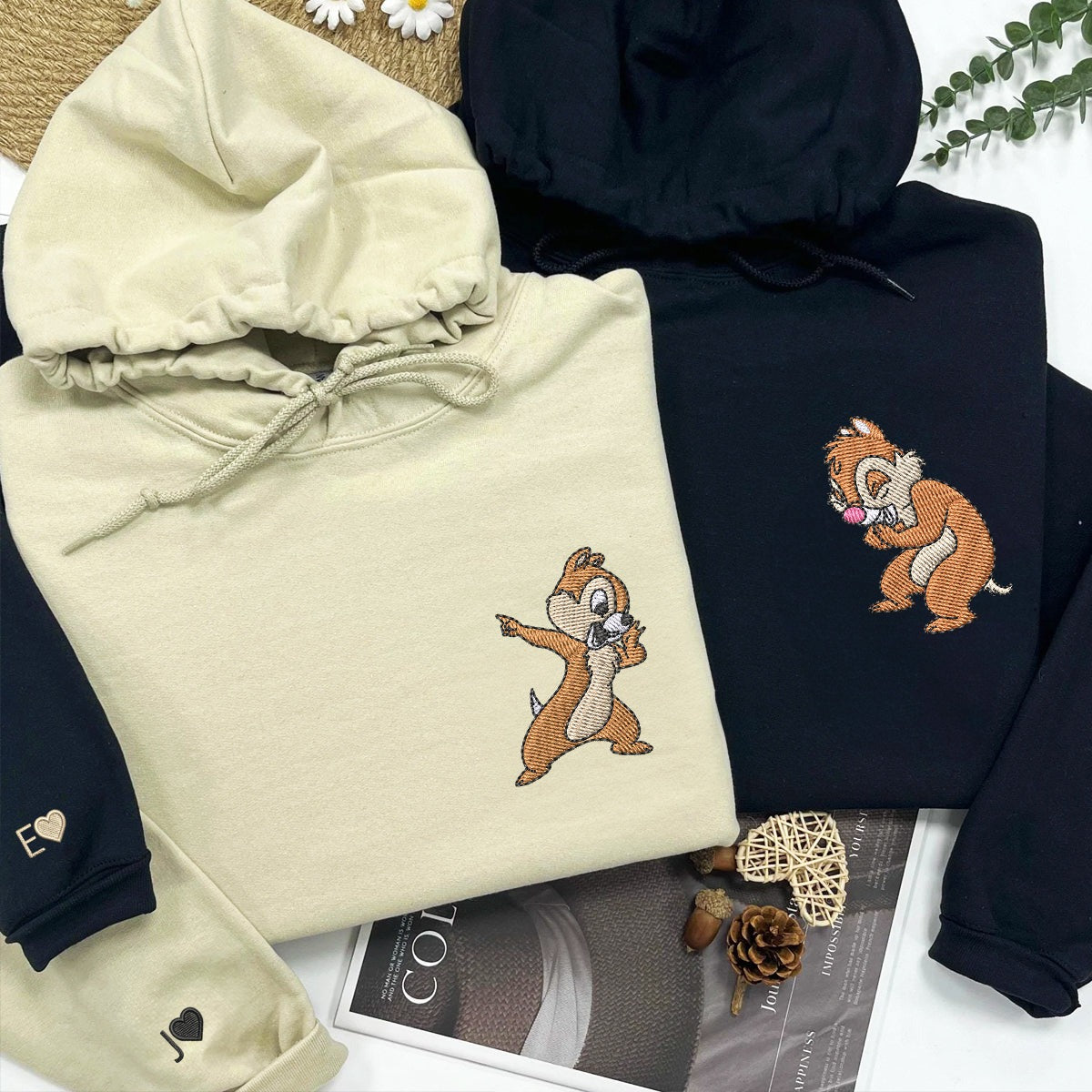 Custom Matching Couple Sweatshirts, Funny Cartoon Squirrels Embroidered Crewneck Sweater