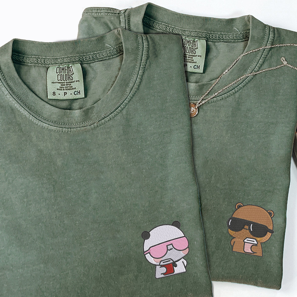 Custom Matching Couple T-shirts with Cute Bear Embroidery