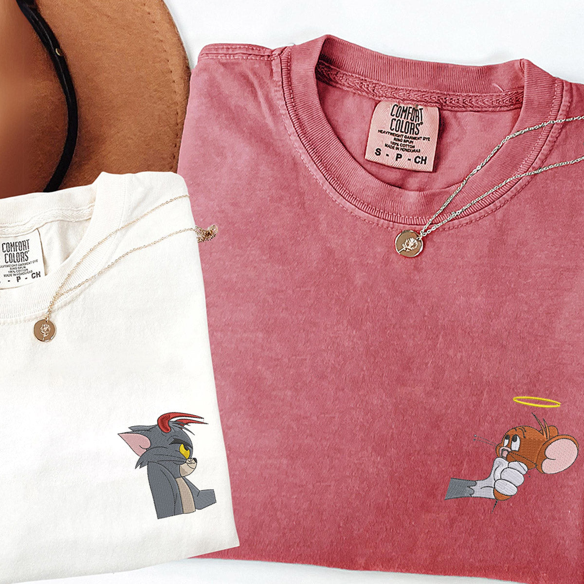 Custom Matching Couple T-shirts with Devil Cat and Angel Mouse Embroidery