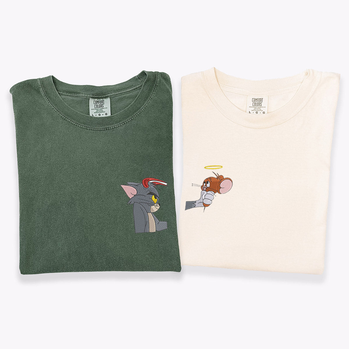Custom Matching Couple T-shirts with Devil Cat and Angel Mouse Embroidery