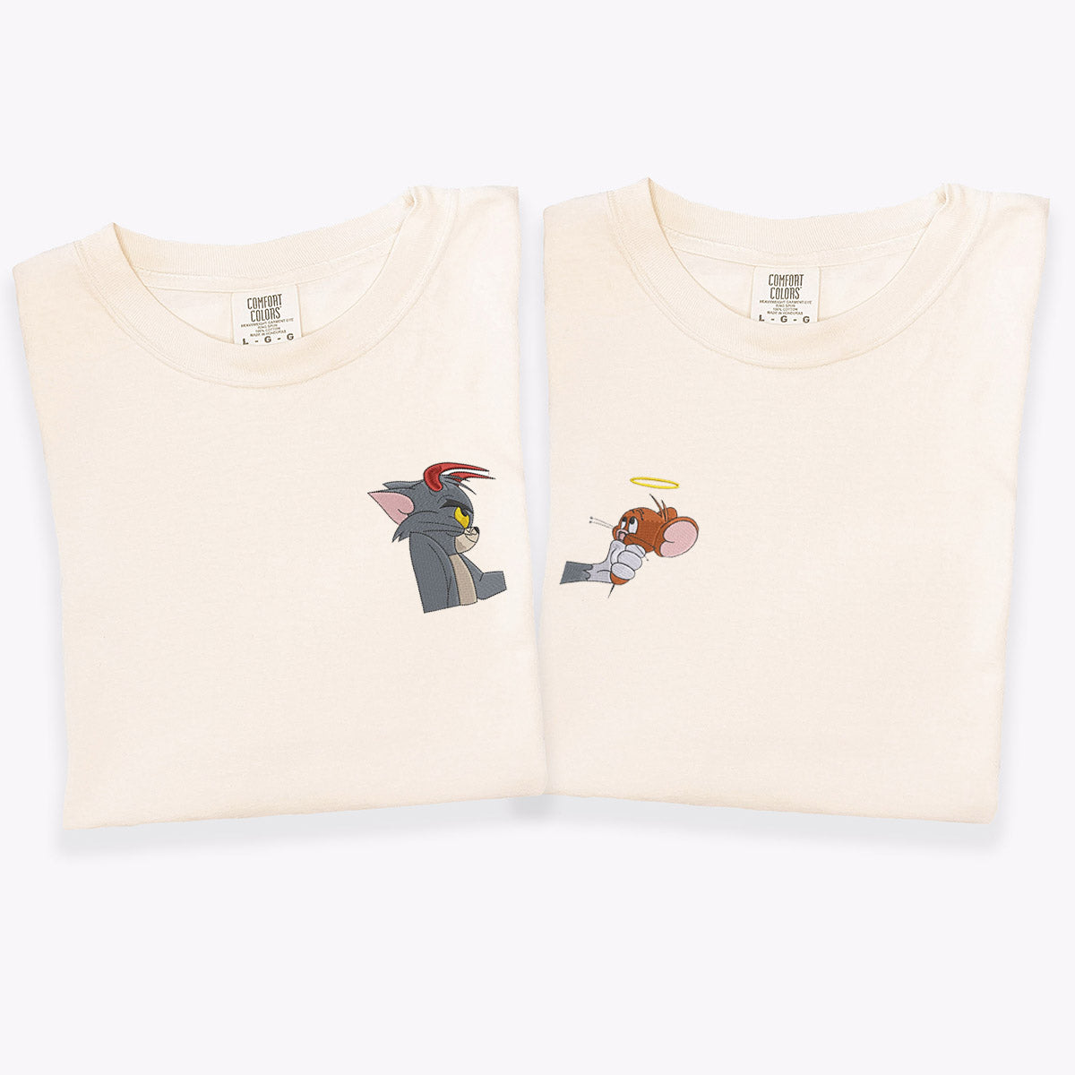 Custom Matching Couple T-shirts with Devil Cat and Angel Mouse Embroidery