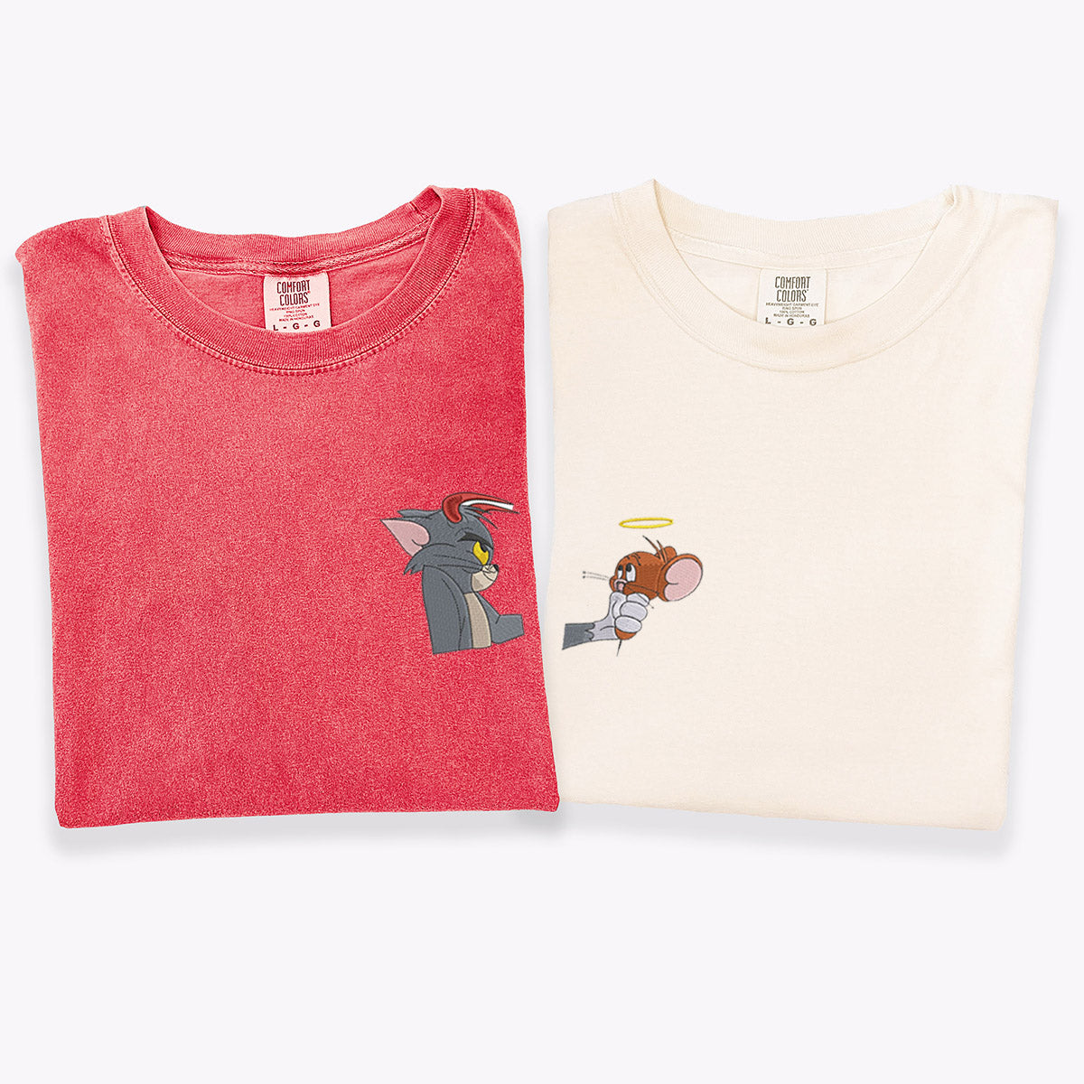 Custom Matching Couple T-shirts with Devil Cat and Angel Mouse Embroidery