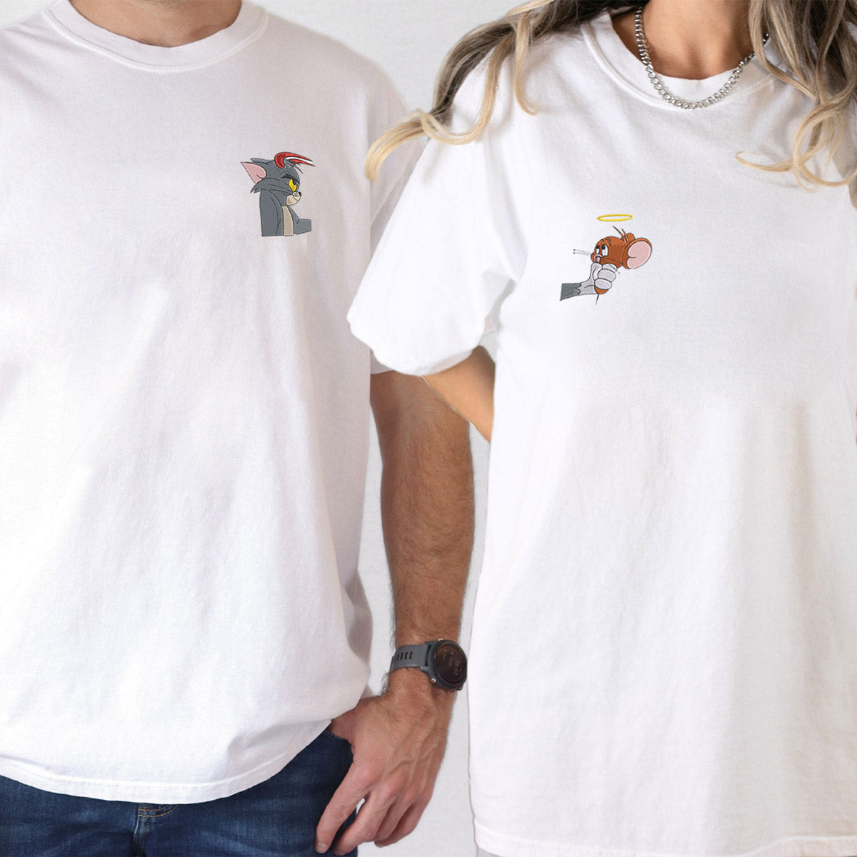 Custom Matching Couple T-shirts with Devil Cat and Angel Mouse Embroidery