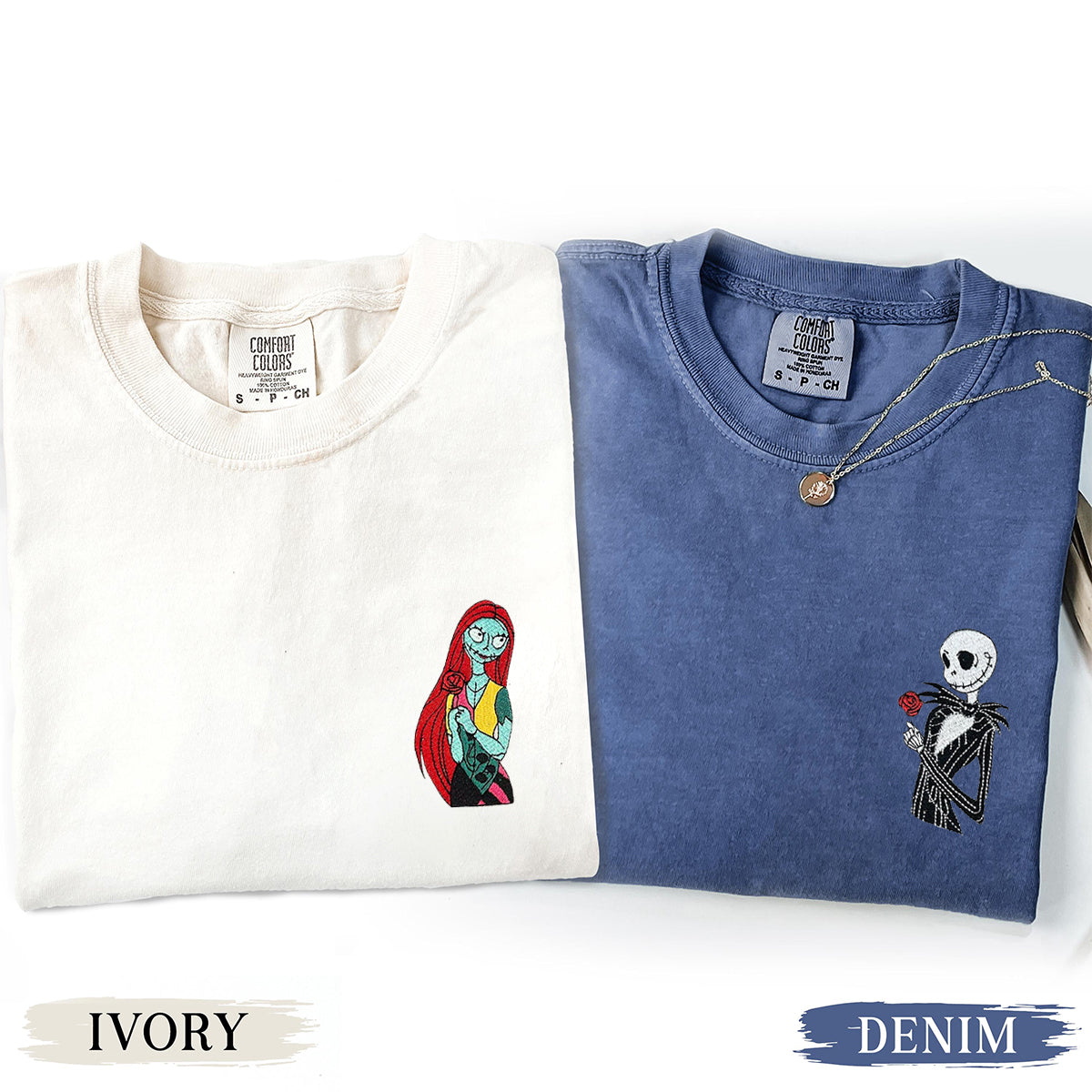 Custom Matching Halloween Couple T-shirts with Cute Spooky Embroidery