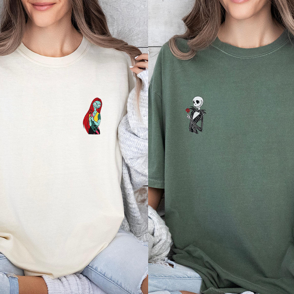 Custom Matching Halloween Couple T-shirts with Cute Spooky Embroidery