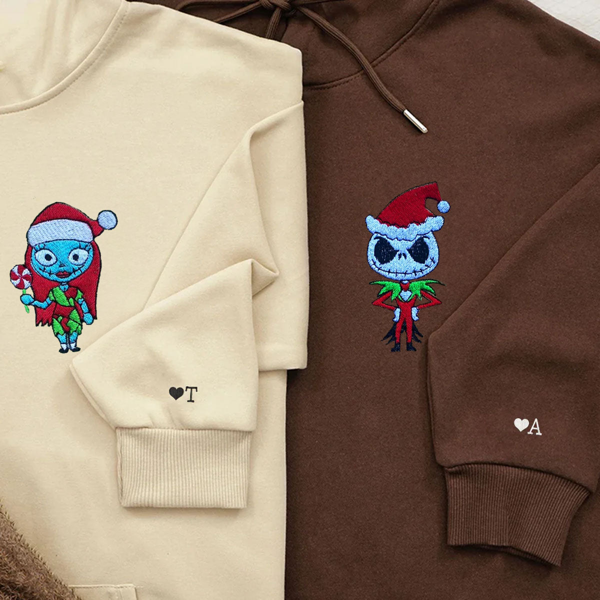 Custom Matching Hoodies, Spooky Christmas Love Couples Embroidery