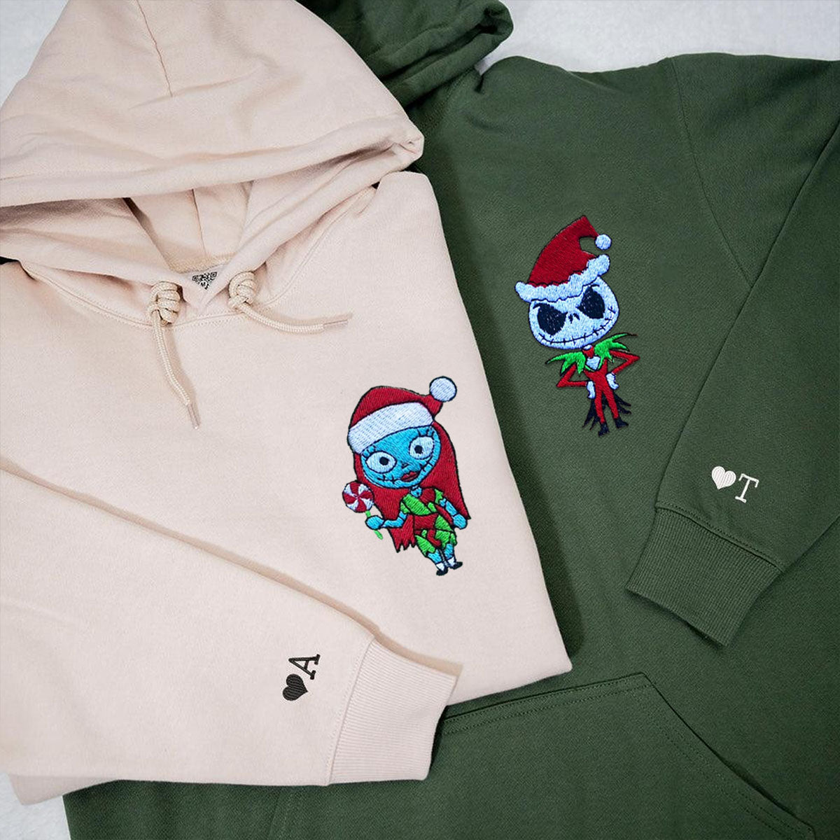 Custom Matching Hoodies, Spooky Christmas Love Couples Embroidery