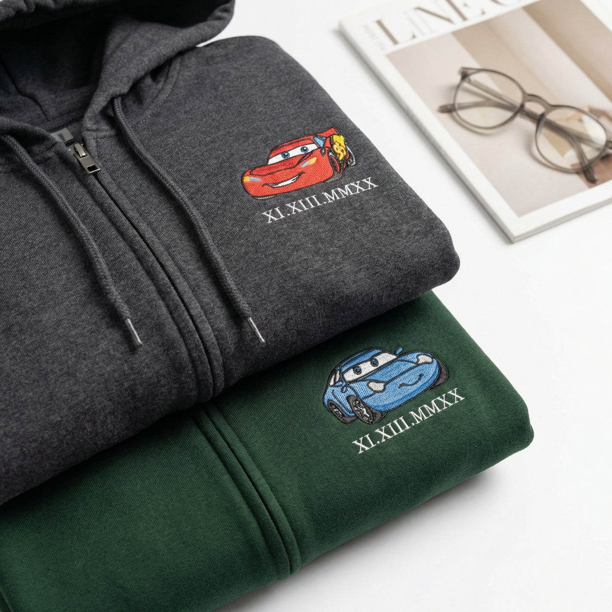 Custom Matching Quarter Zip Sweatshirt for Couples - Embroidered Cars Roman Numeral Hoodie