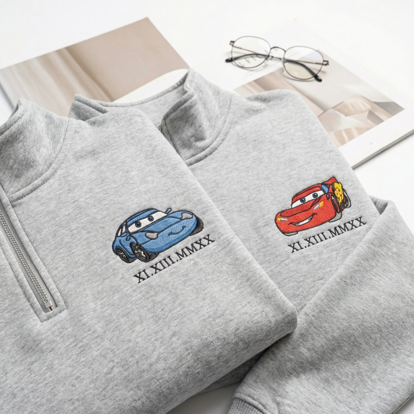 Custom Matching Quarter Zip Sweatshirt for Couples - Embroidered Cars Roman Numeral Hoodie