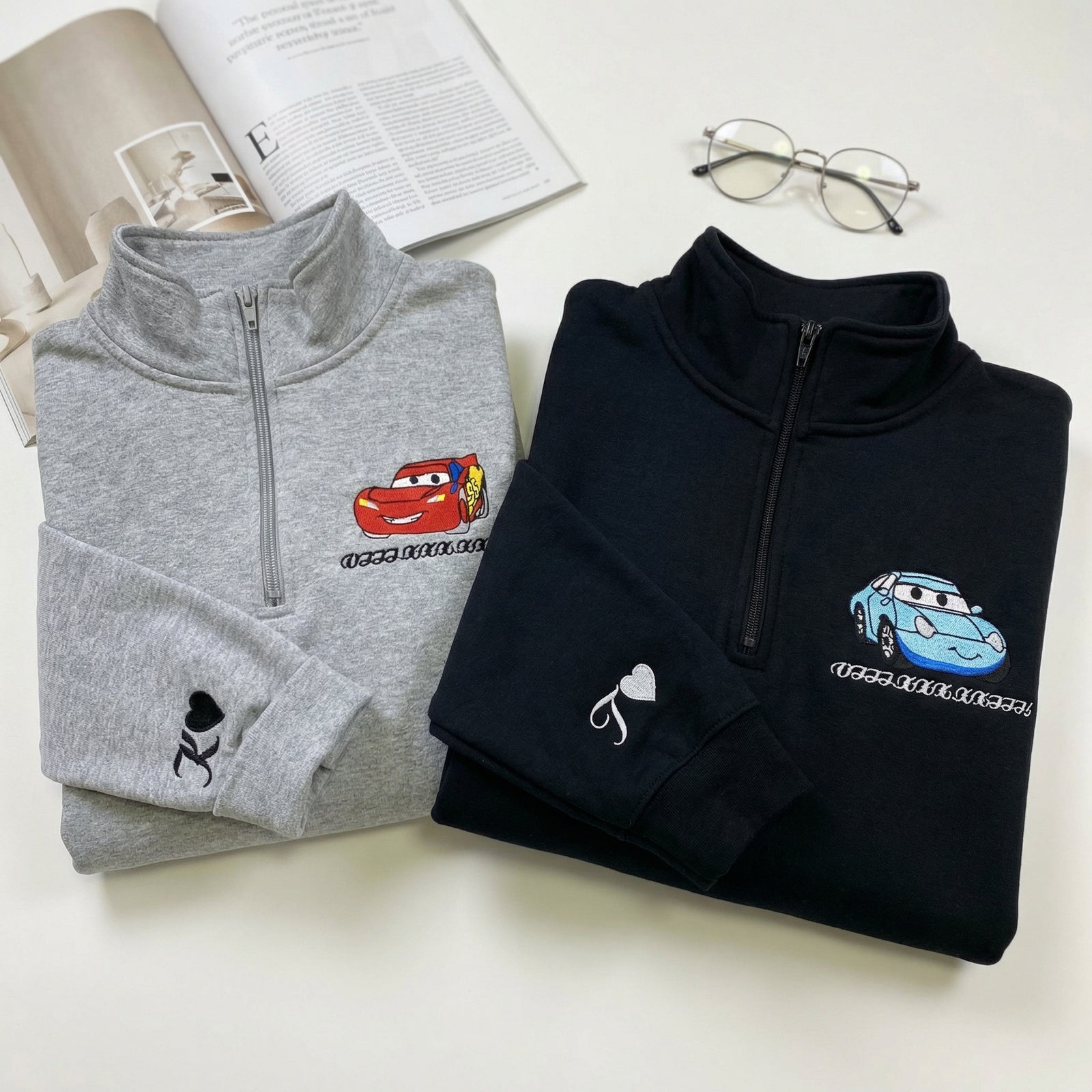 Custom Matching Quarter Zip Sweatshirt for Couples - Embroidered Cars Roman Numeral Hoodie