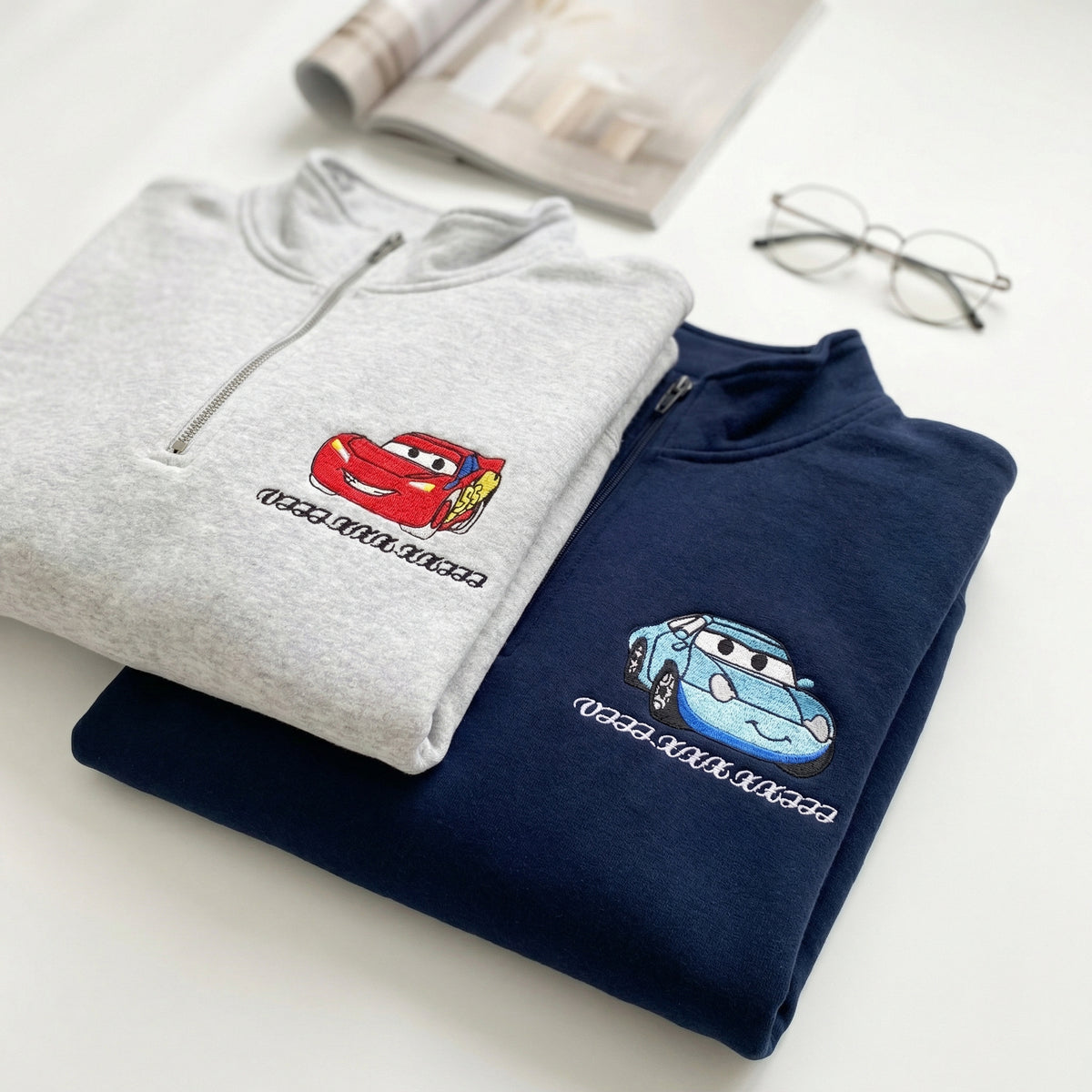 Custom Matching Quarter Zip Sweatshirt for Couples - Embroidered Cars Roman Numeral Hoodie