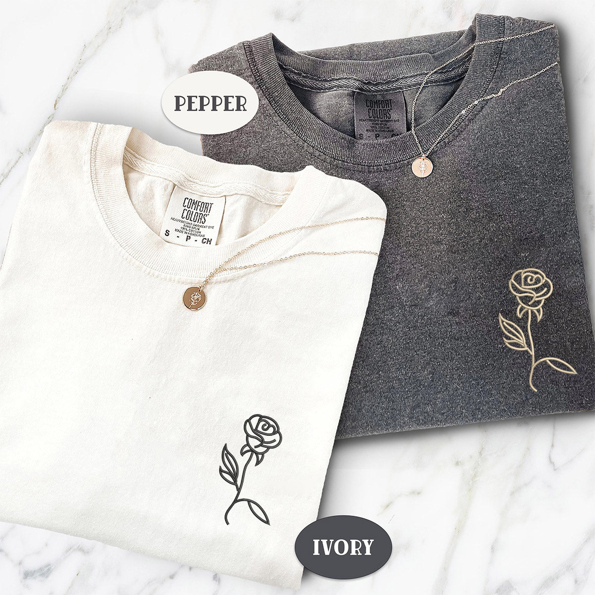 Custom Rose Embroidered Matching T-shirts for Couples