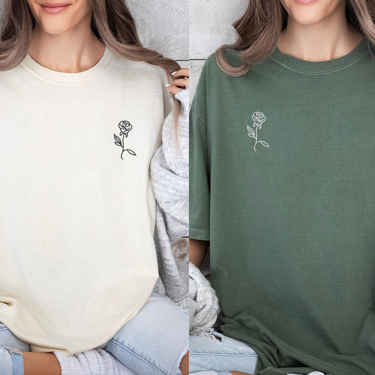 Custom Rose Embroidered Matching T-shirts for Couples