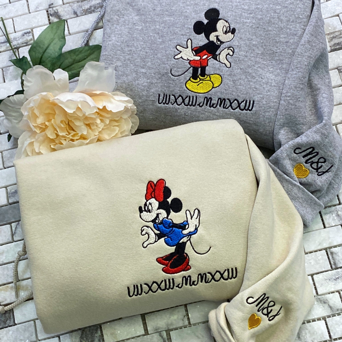 Custom Embroidered Sweatshirts For Couples, Custom Matching Couple Hoodies, Cartoon Mouse Roman Numeral Date Embroidered Matching Couples Sweatshirt