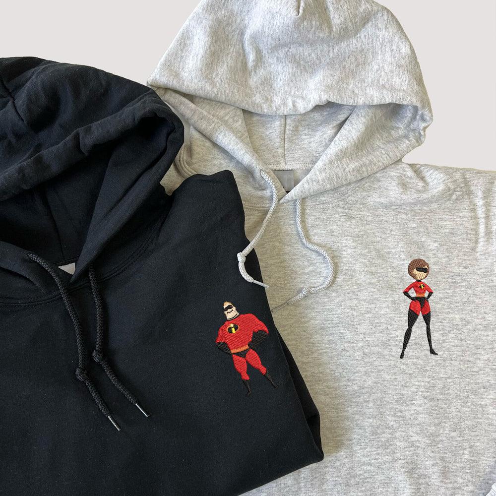 Custom Embroidered Hoodies For Couples, Couples With Matching Hoodies, Cute Cartoon Incredible Couples Embroidered Hoodie - Custom Matching Couple