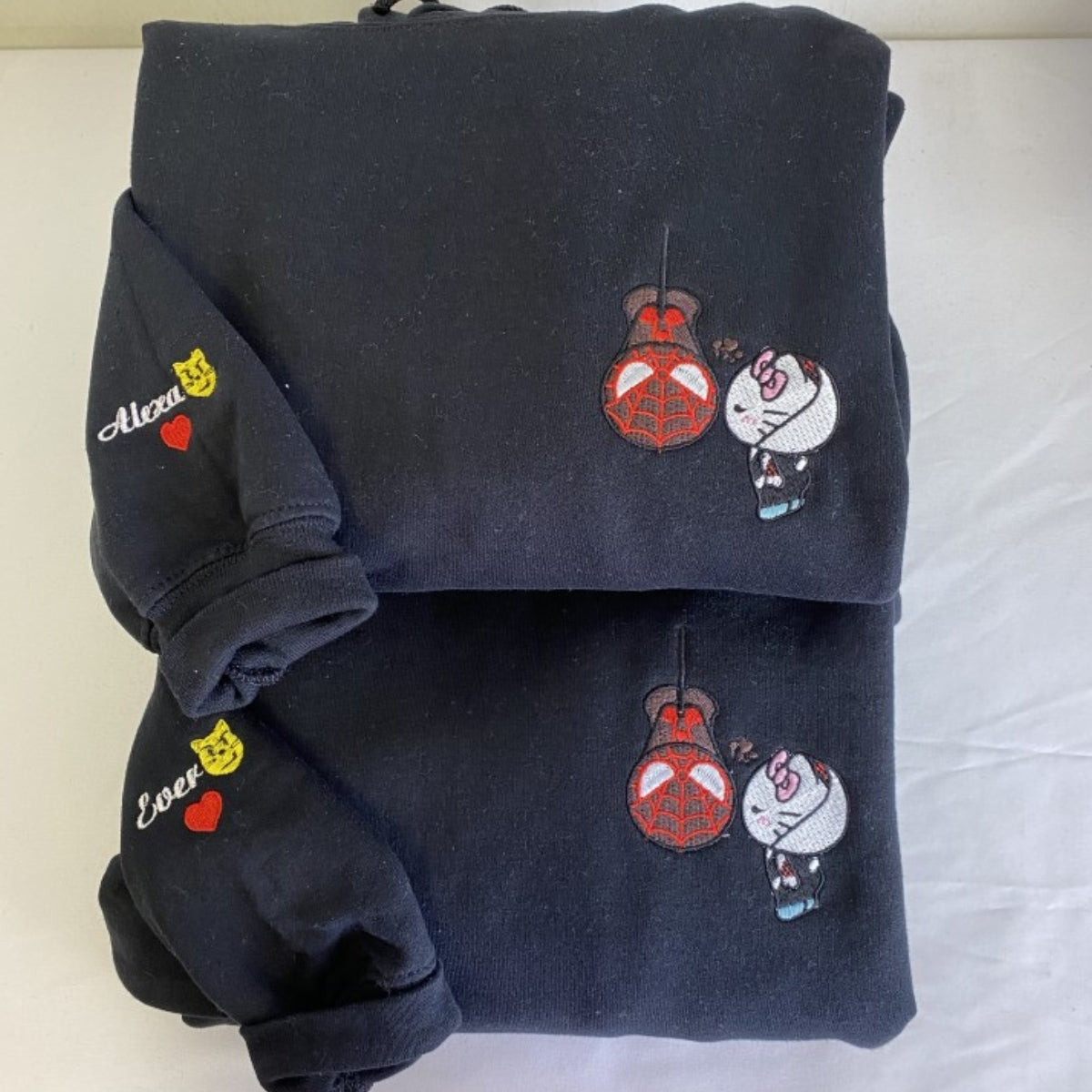 Custom Embroidered Sweatshirts For Couples, Custom Matching Couple Hoodies, Lovely Kitten Kiss Spider Chibi Embroidered Matching Couples Sweatshirt
