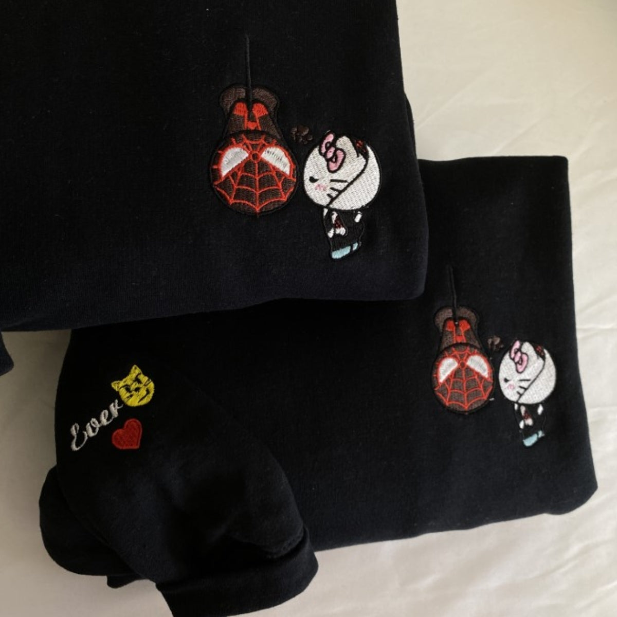 Custom Embroidered Sweatshirts For Couples, Custom Matching Couple Hoodies, Lovely Kitten Kiss Spider Chibi Embroidered Matching Couples Sweatshirt