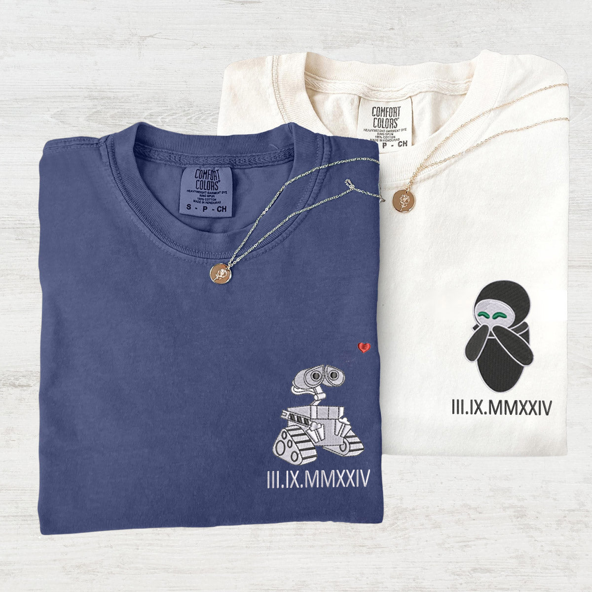 Personalized Anniversary Date Cartoon Robot Duo Embroidered T-shirts
