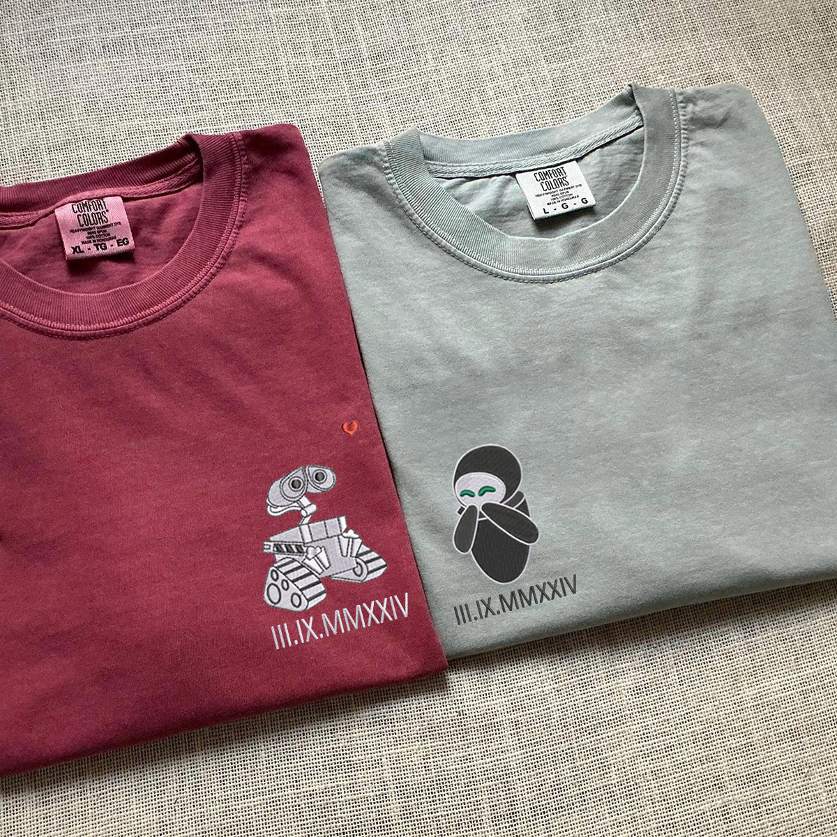 Personalized Anniversary Date Cartoon Robot Duo Embroidered T-shirts