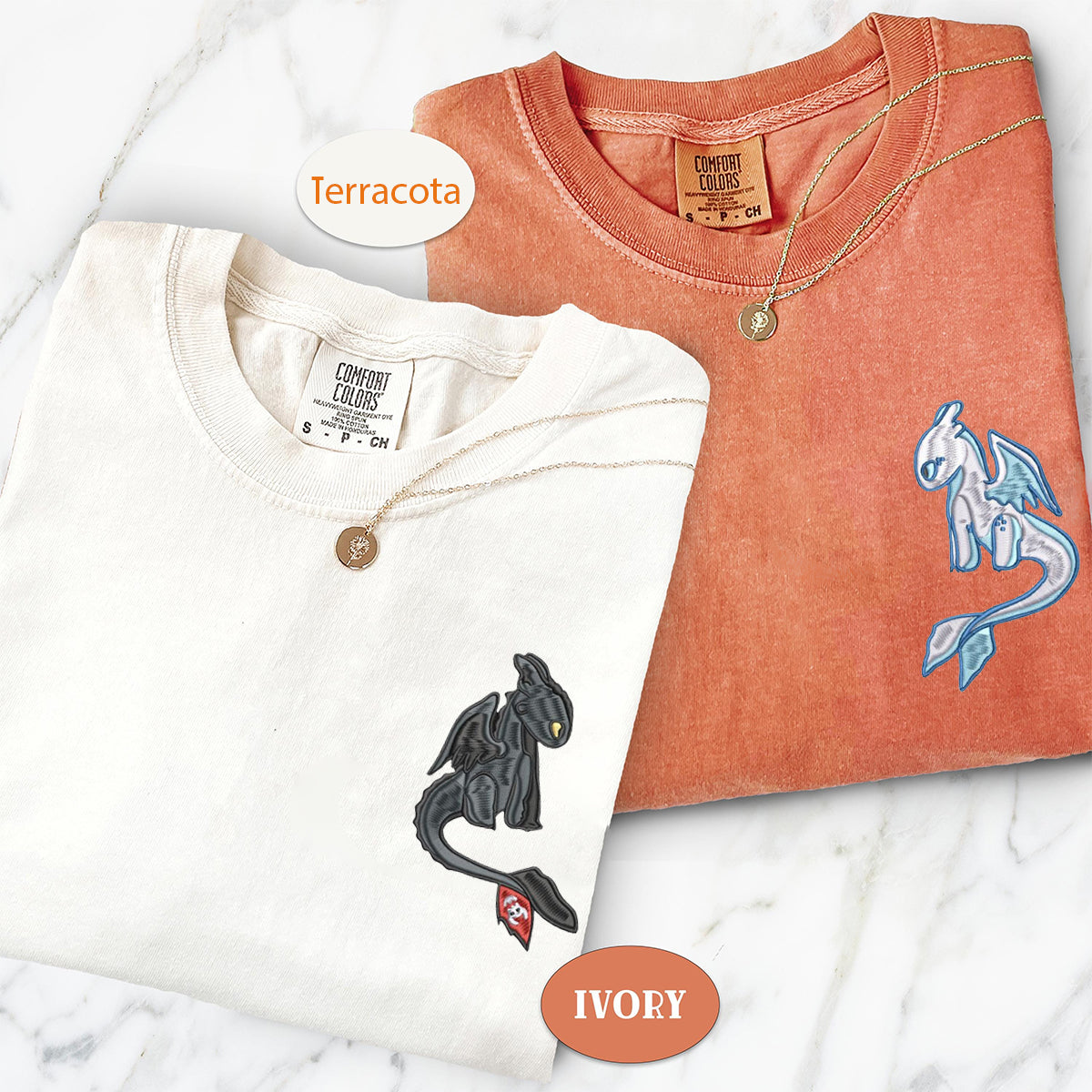 Personalized Cartoon Dragon Lovers Embroidered T-shirts for Couples