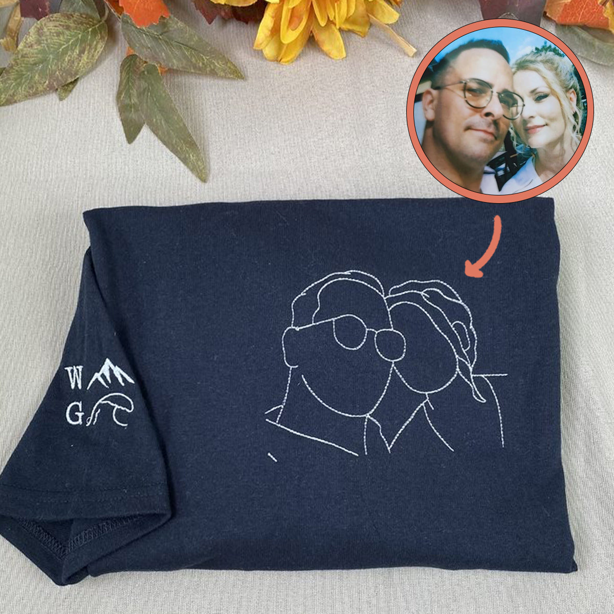 Personalized Embroidered Portrait From Photo Line Draw Art Couples Embroidered Sweatshirt