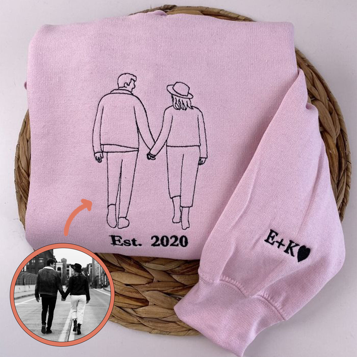Personalized Embroidered Portrait From Photo Outline Couples Matching Embroidered Sweatshirt