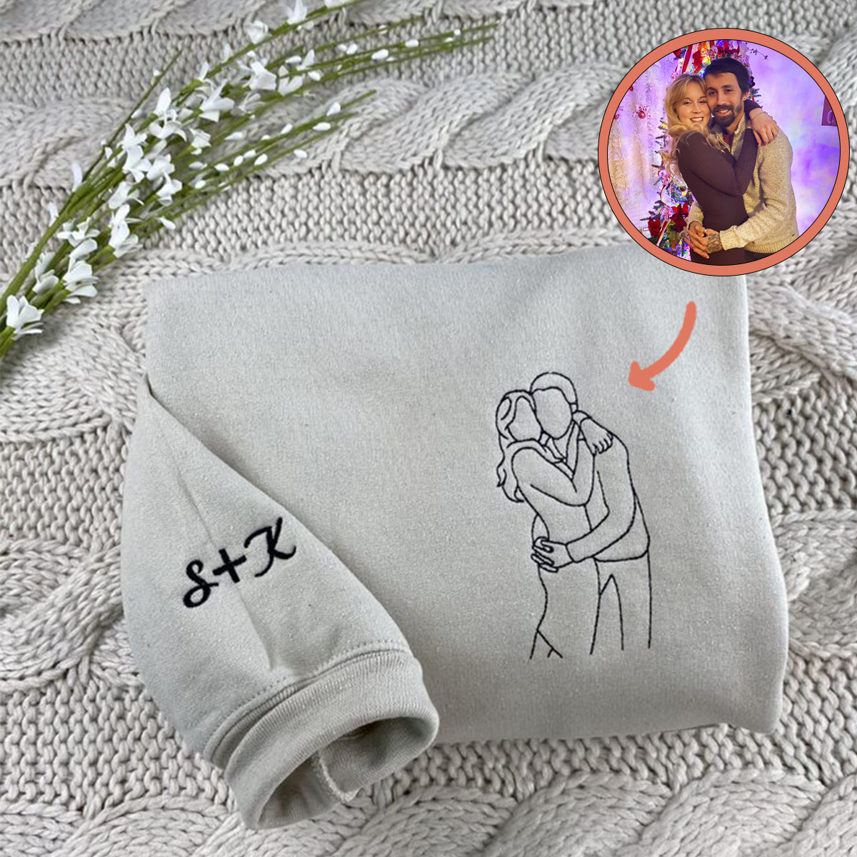 Personalized Embroidered Portrait Picture Outline Photo Couples Embroidered Sweatshirt