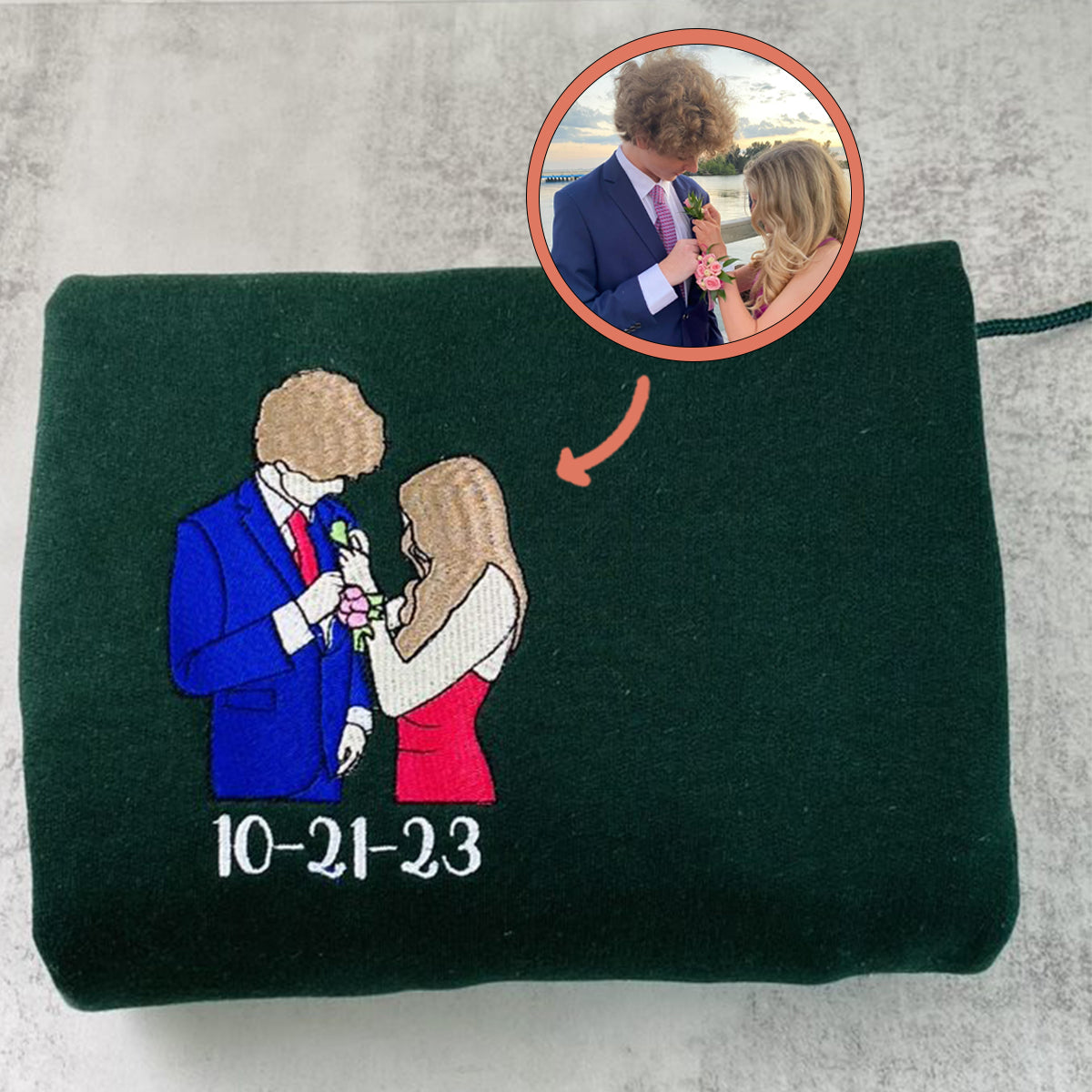 Custom Embroidered Sweatshirts For Couples, Custom Embroidered Portrait Photo Date On Sleeve Matching Couple Embroidered Sweatshirt Hoodie
