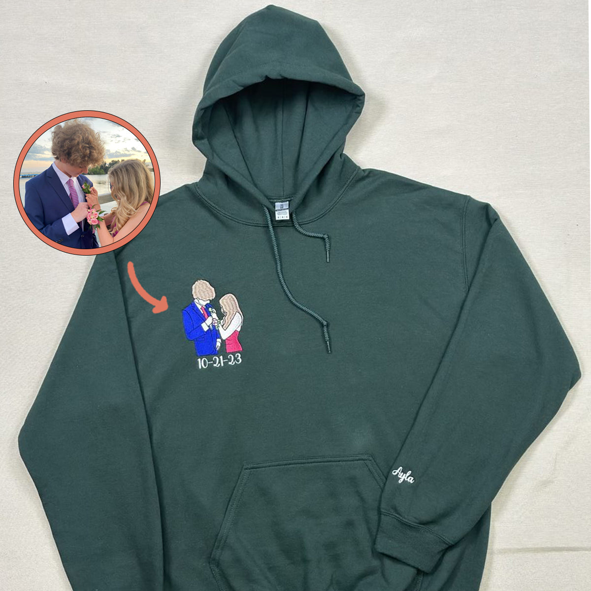 Custom Embroidered Hoodies For Couples, Custom Embroidered Portrait Photo Date On Sleeve Matching Couple Embroidered Hoodie