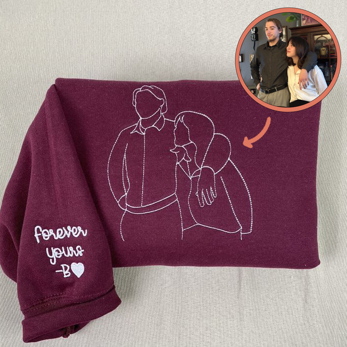 Personalized Embroidered Portrait Picture Outline Photo Couples Embroidered Sweatshirt