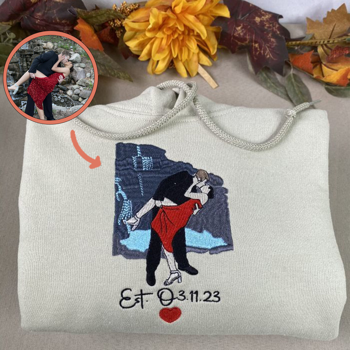 Custom Embroidered Hoodies For Couples, Custom Embroidered Portrait Photo Date On Sleeve Matching Couple Embroidered Hoodie