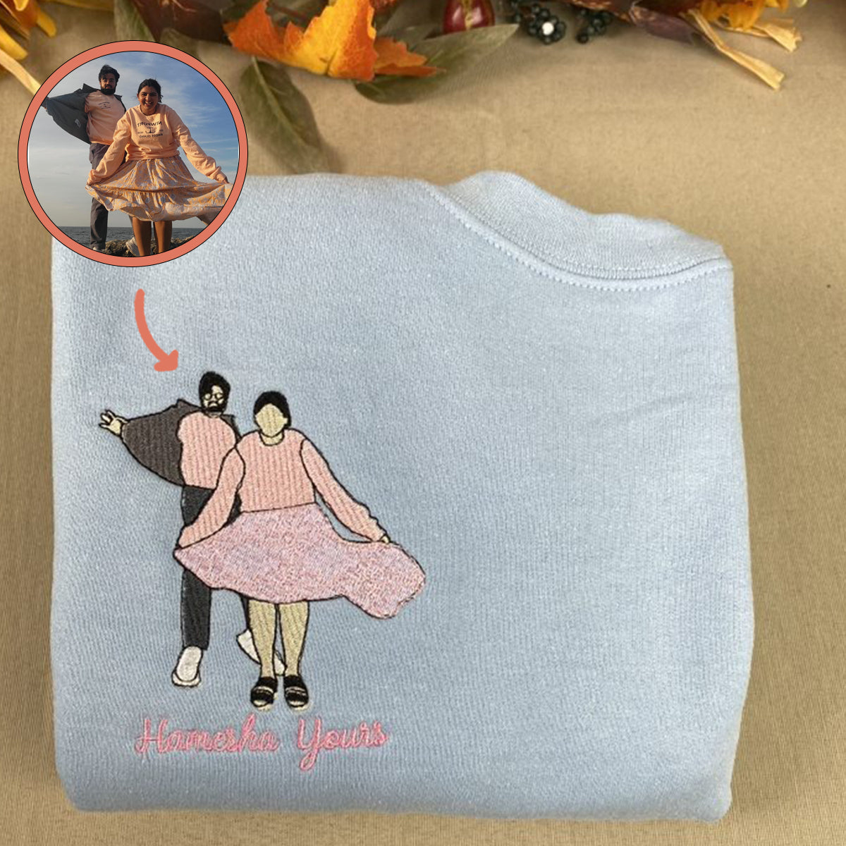 Custom Embroidered Sweatshirts For Couples, Custom Embroidered Portrait Photo Date On Sleeve Matching Couple Embroidered Sweatshirt Hoodie