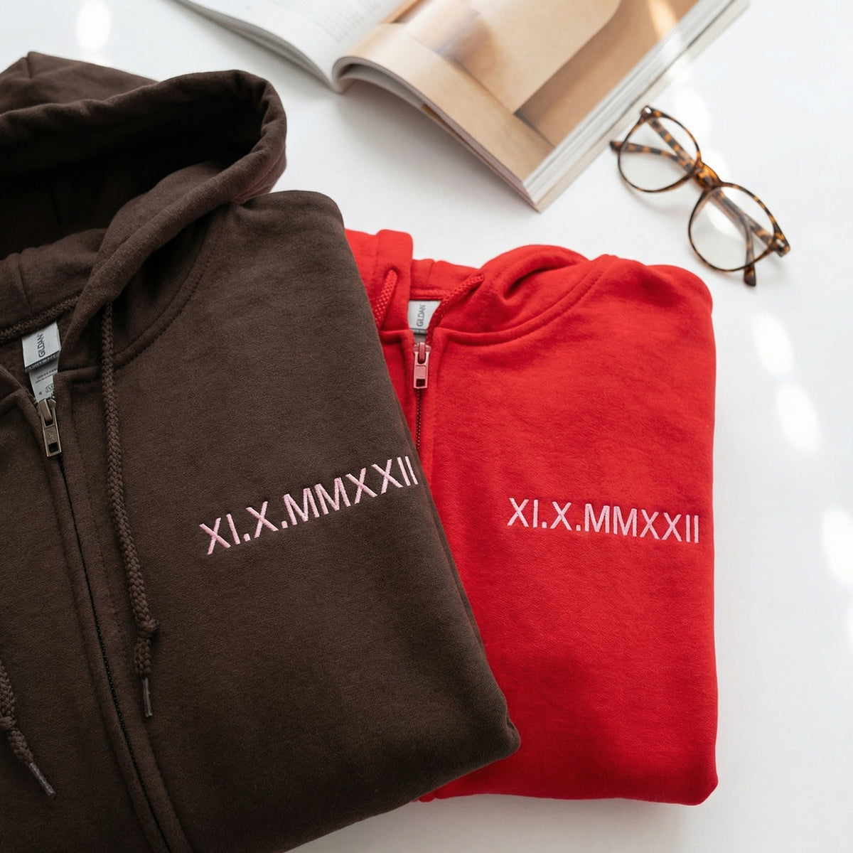 Personalized Roman Numeral Couple Matching Embroidered Quarter Zip Sweatshirt & Full-Zip Hoodie