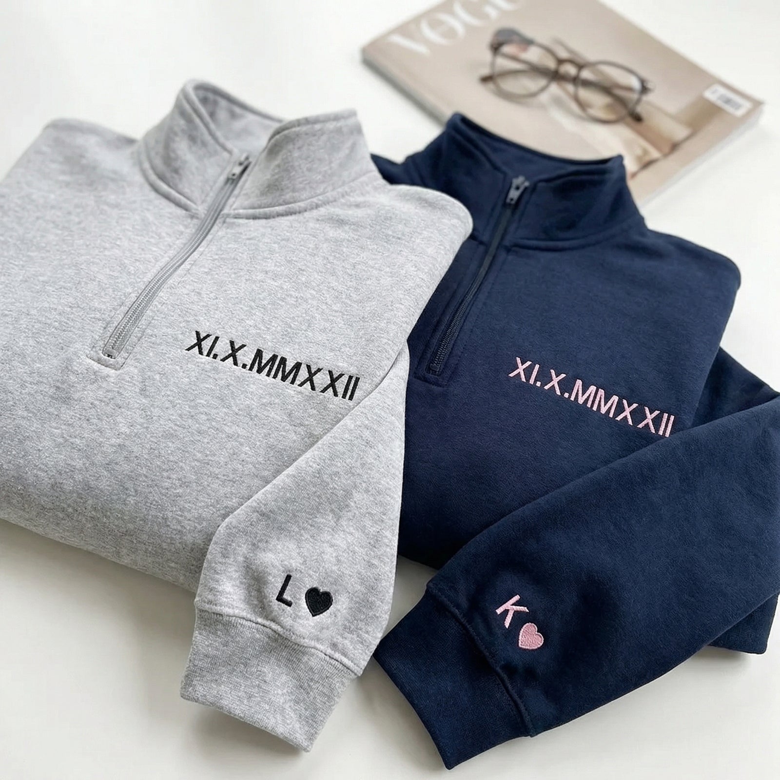Personalized Roman Numeral Couple Matching Embroidered Quarter Zip Sweatshirt & Full-Zip Hoodie