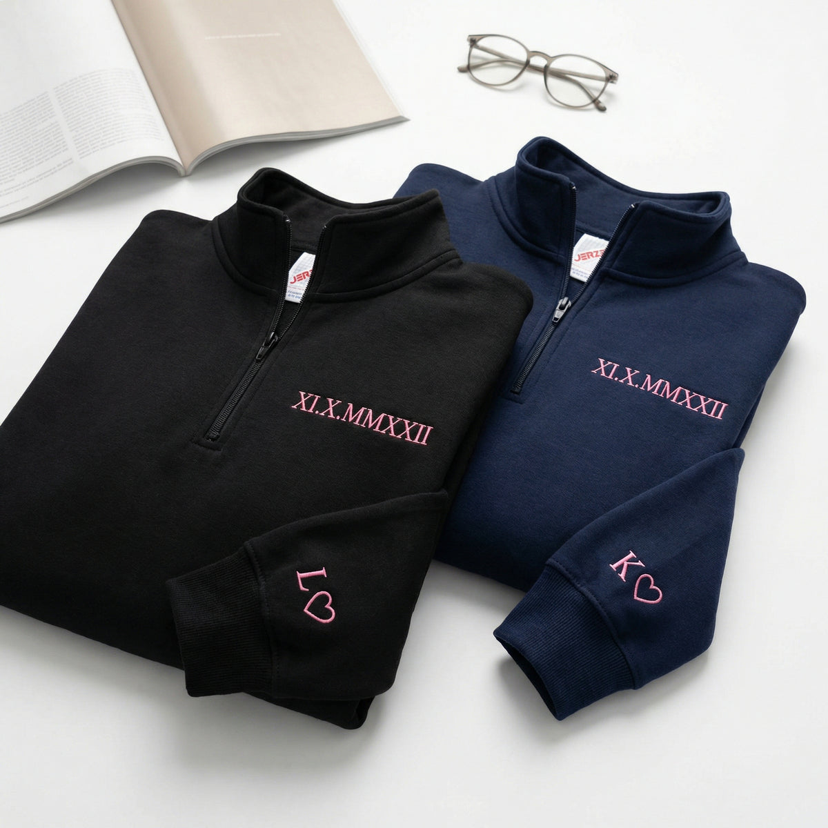 Personalized Roman Numeral Couple Matching Embroidered Quarter Zip Sweatshirt & Full-Zip Hoodie