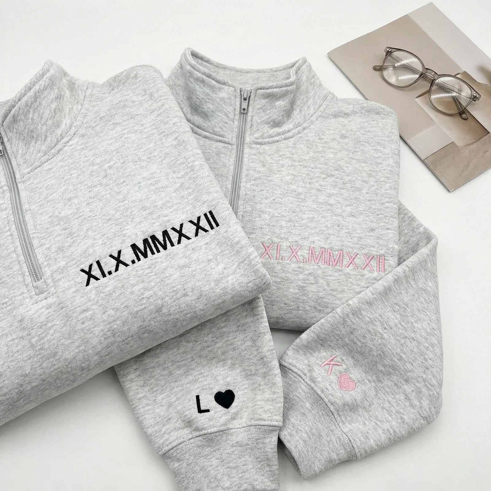 Personalized Roman Numeral Couple Matching Embroidered Quarter Zip Sweatshirt & Full-Zip Hoodie