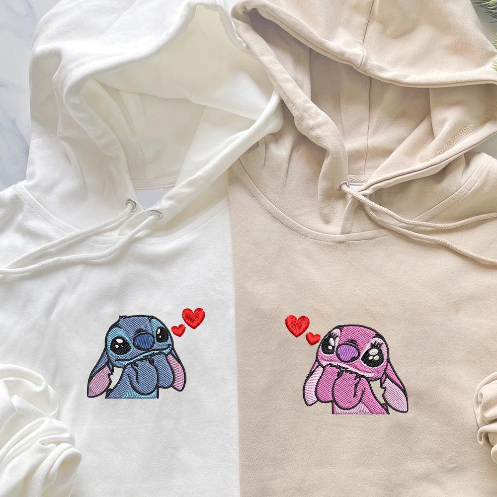 Custom Embroidered Hoodies For Couples, Couples With Matching Hoodies, His Her Hoodies, Cute Stitch x Angel Couples Embroidered Hoodie - Custom Matching Couple