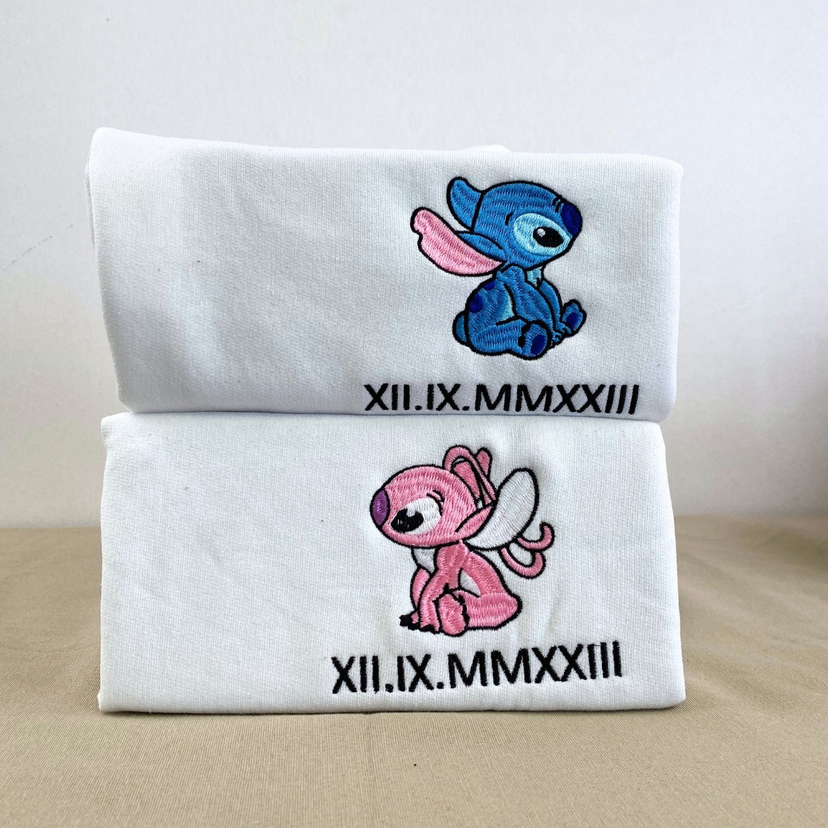 Custom Embroidered Hoodies For Couples, Matching Couples Hoodies, Roman Numeral Date Angel Couples Embroidery Sweatshirt